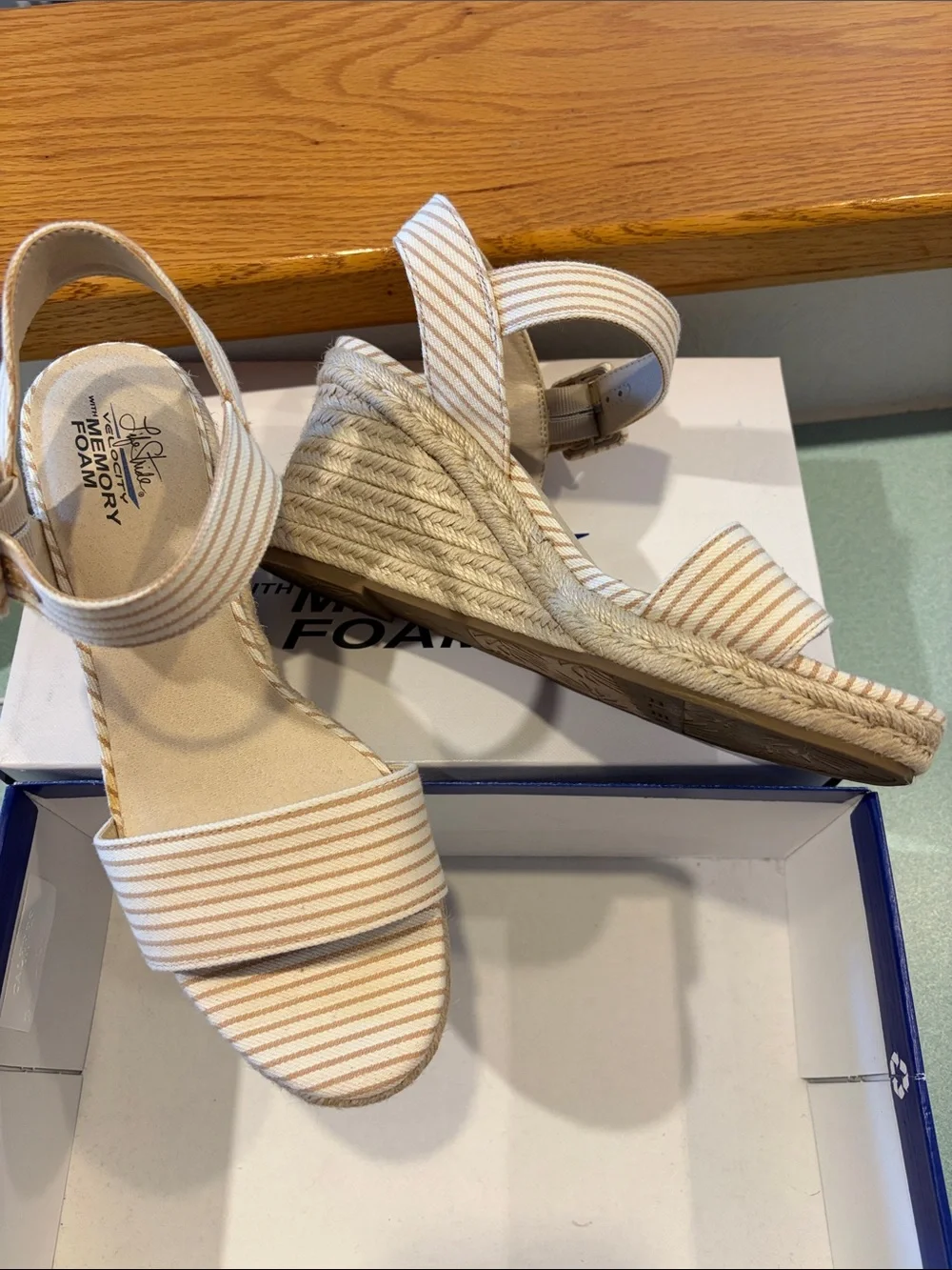 Life Stride Beige and White Striped Espadrille Wedge Sandals